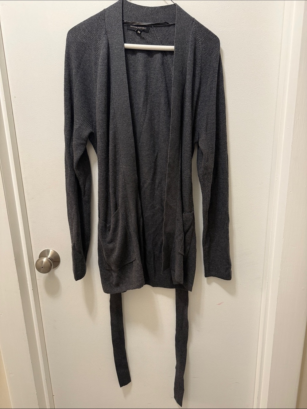 Banana Republic Dark Charcoal Tie-Belt Open Cardigan with Front Pockets - Picture 2 of 5